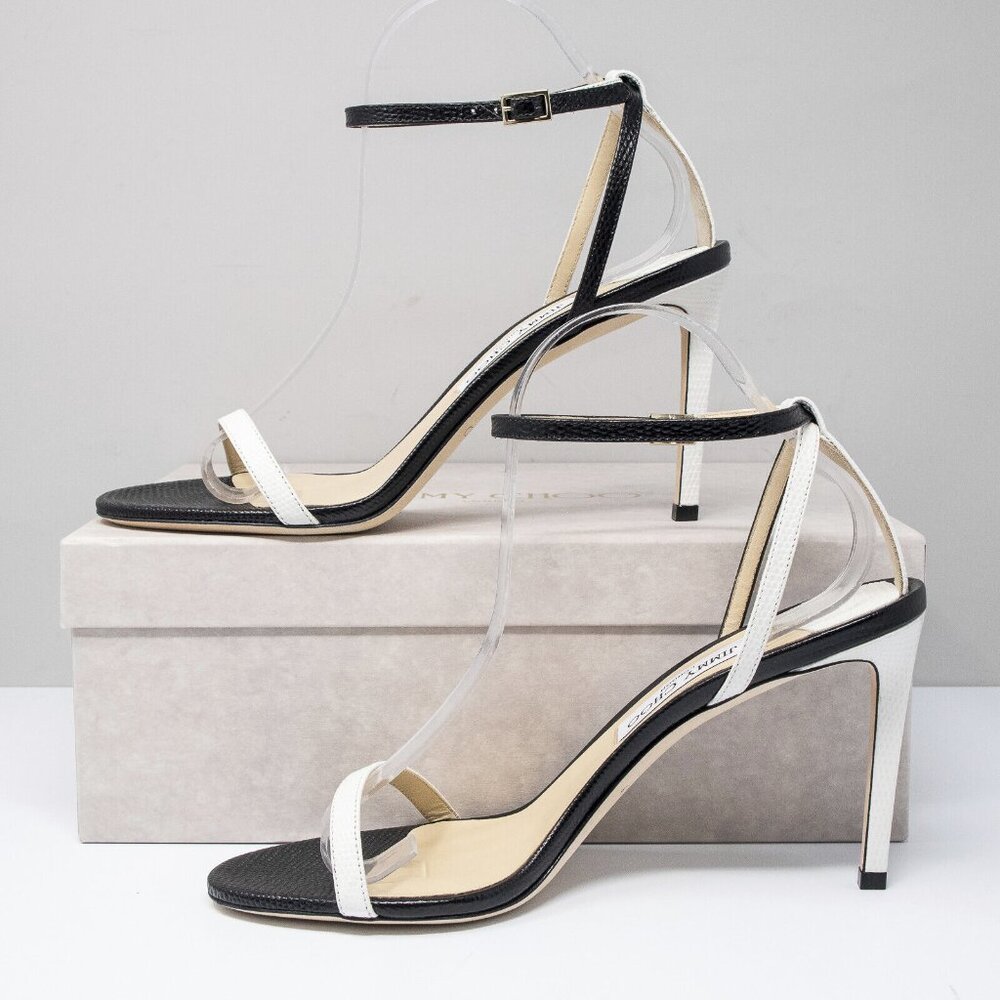 Jimmy Choo Minny 85 Black/White Leather Sandals (Multiple Sizes) - Picture 3 of 6